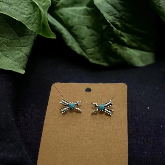 Bohemian Silver Turquoise Stone Arrow Stud Earrings - Picture 4 of 5